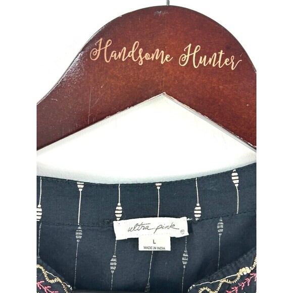 Ultra Pink Women L Top Black Gold Embroider Puff Sleeve Tassel Boho Festival N1 - Picture 10 of 12